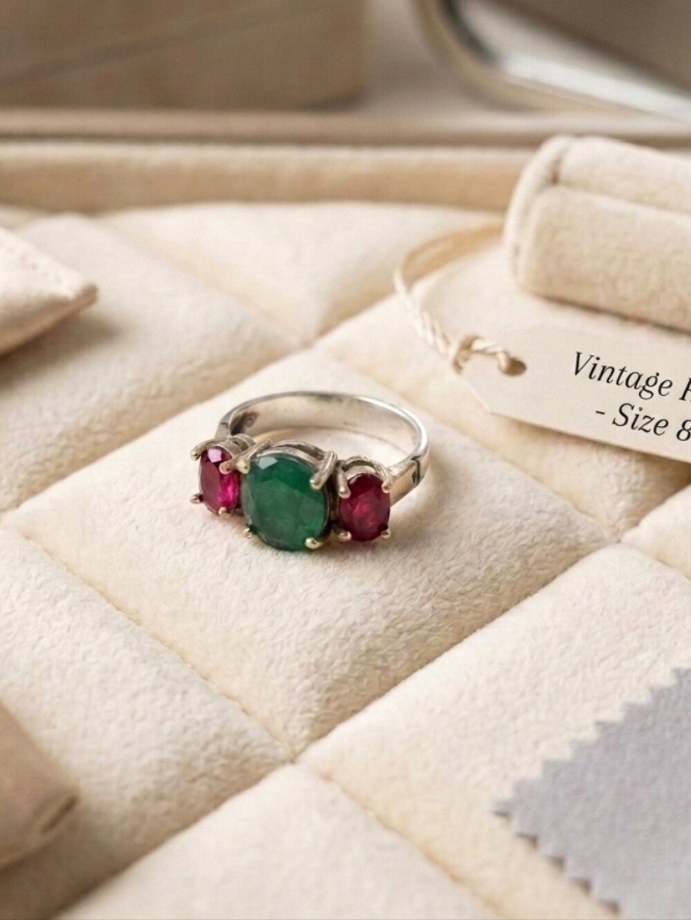 Vintage 925 Sterling Silver Emerald & Ruby Three-Stone Ring - Size 8